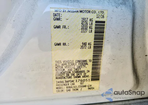 2017 Nissan Altima 2.5 S из США, поврежденный, VIN 1N4AL3AP5HC176051